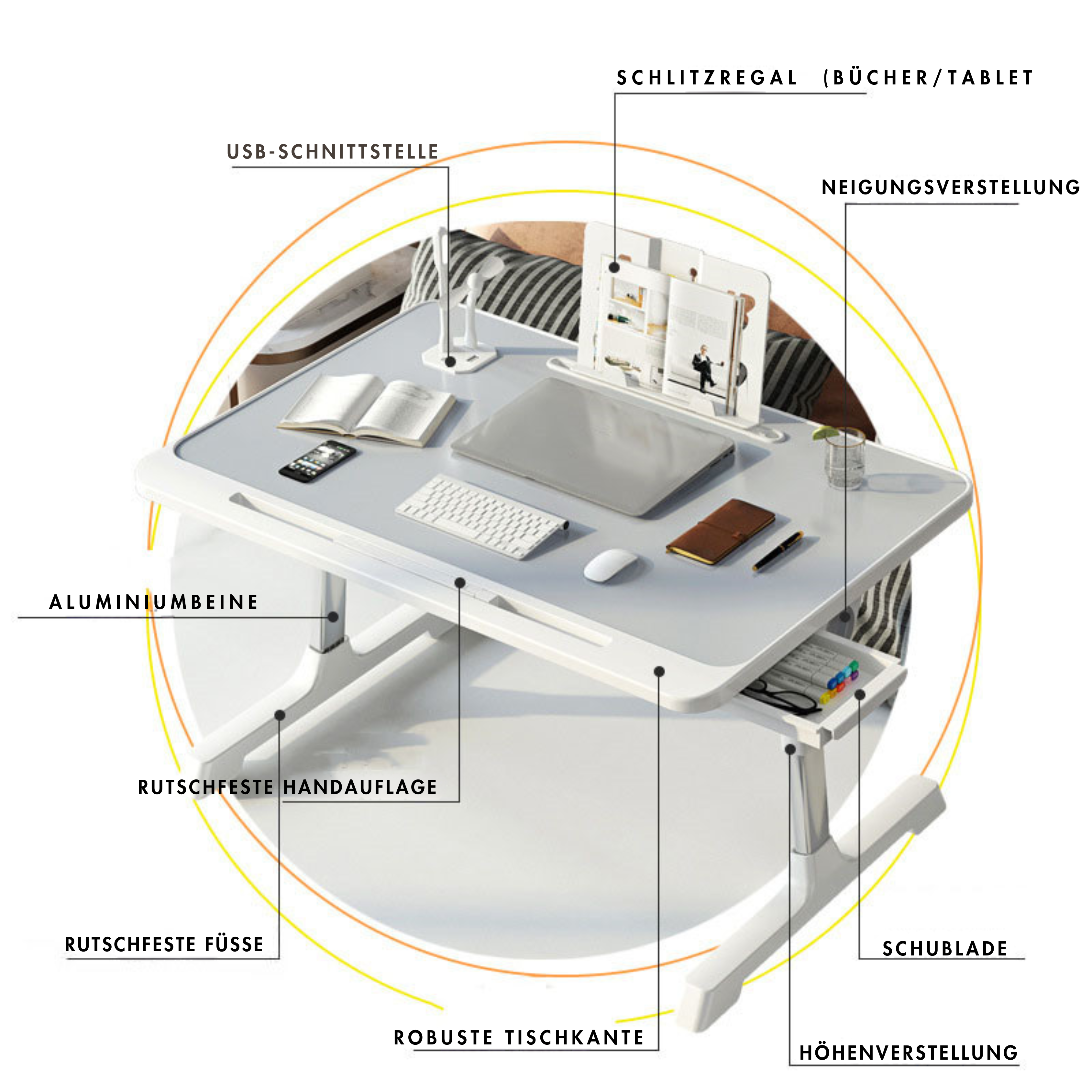 Flexi-Table: Praktischer Bett-Tisch mit Einstellbarer Höhe und Neigung, Stilvoll und Modern