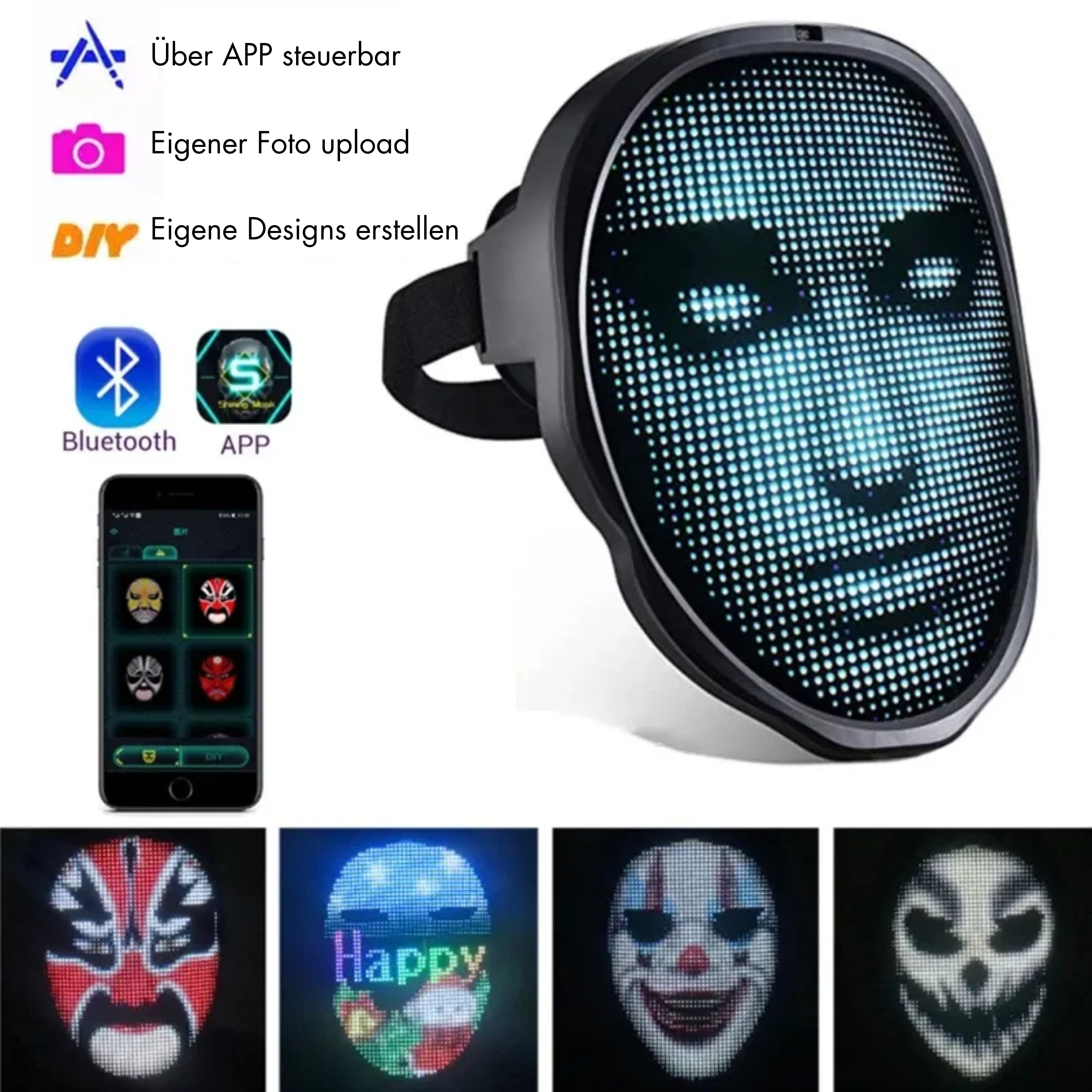 Halloween Gesichtsmaske - Vollfarbige LED Leuchtmaske - Gesichtswechselmaske - Party Maske