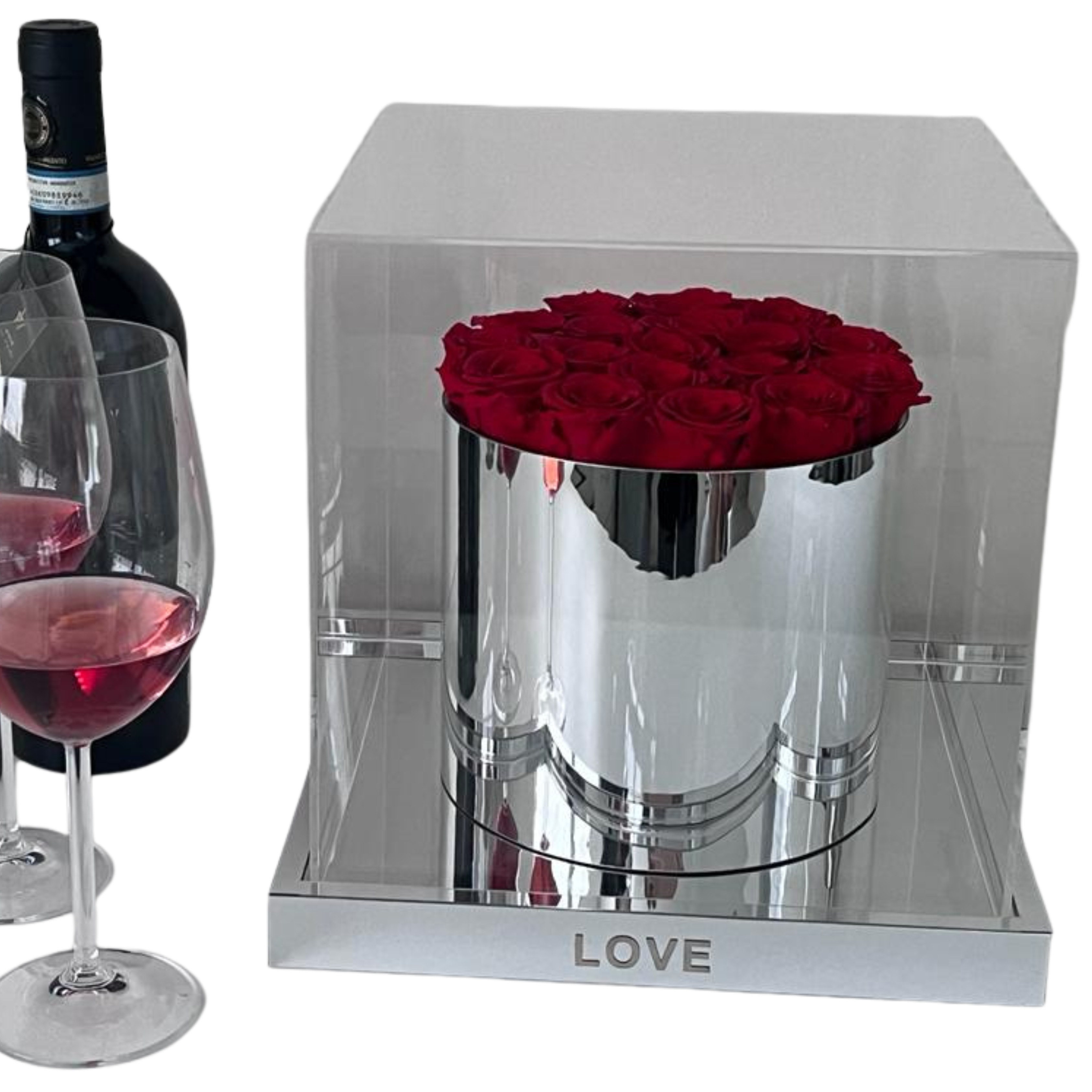 Red Rose Box in Chrom-Vase mit 10 bis 12 stabilisierten Rosen