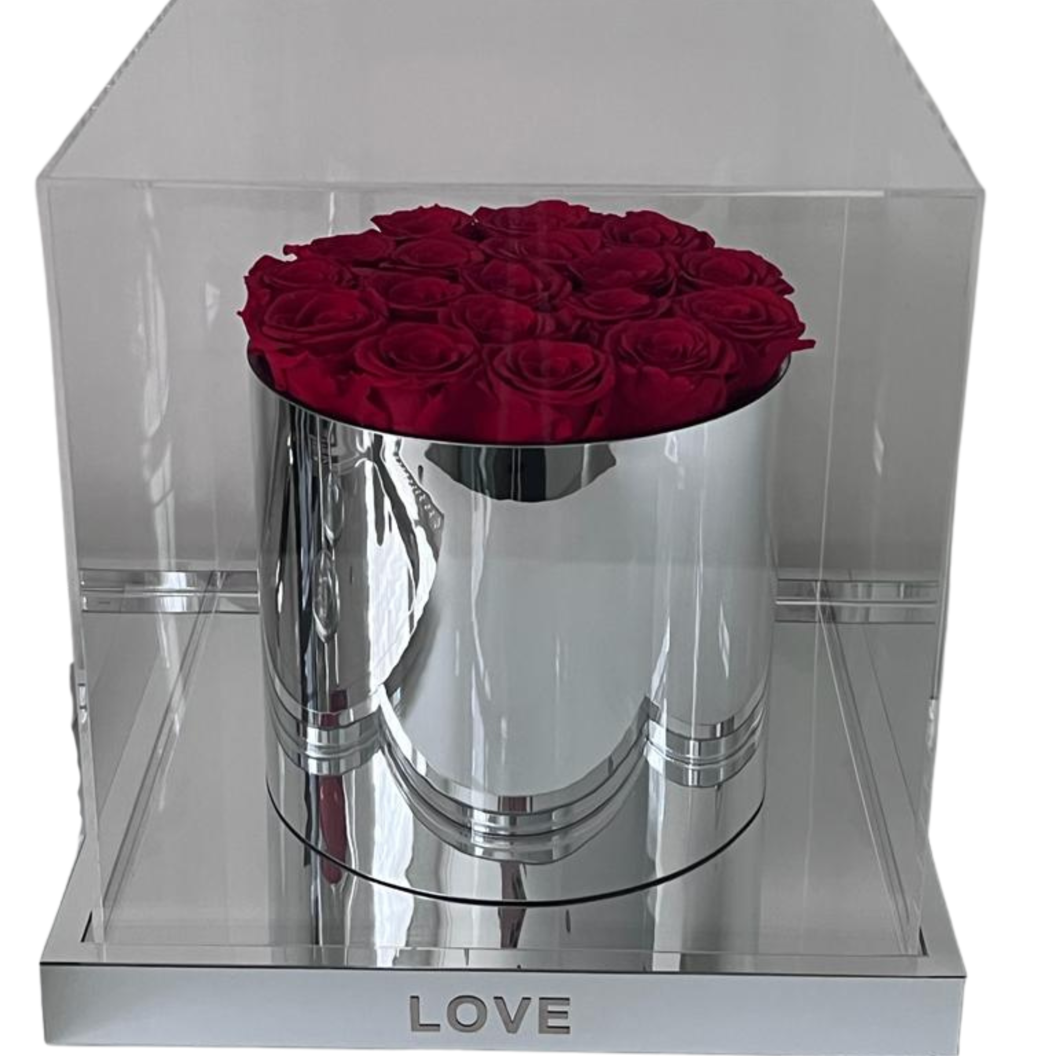 Red Rose Box in Chrom-Vase mit 10 bis 12 stabilisierten Rosen