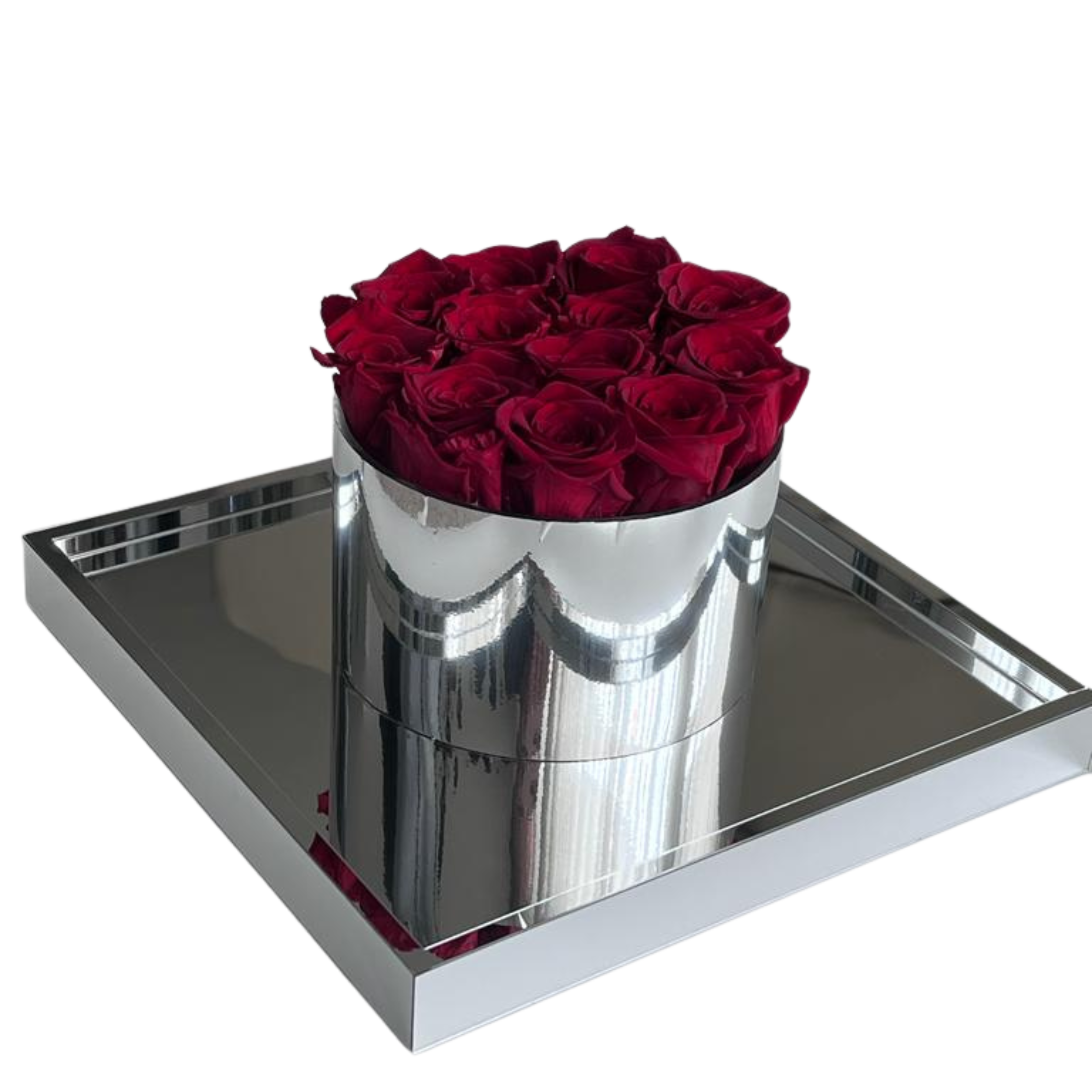 Ewige Liebe - Silver Rose Box in Chrom-Vase - 8 bis 10 stabilisierten Rosen