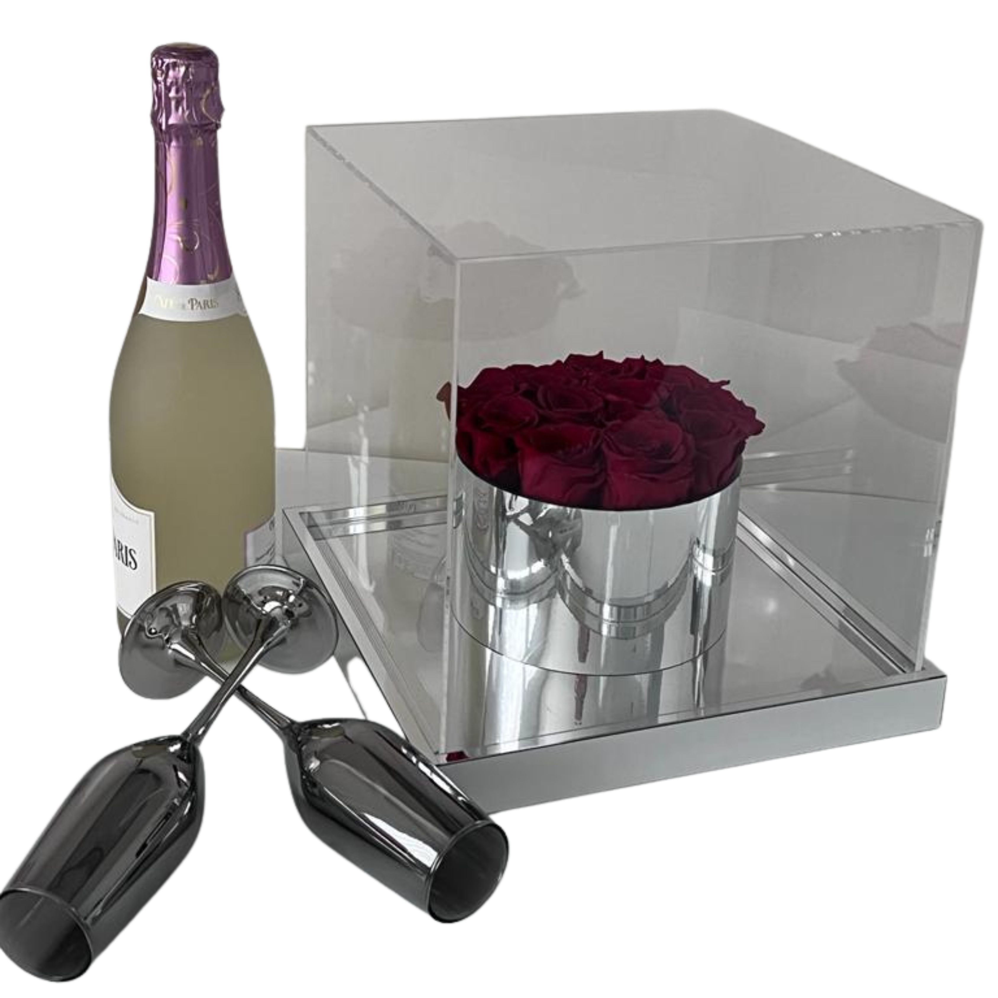 Ewige Liebe - Silver Rose Box in Chrom-Vase - 8 bis 10 stabilisierten Rosen