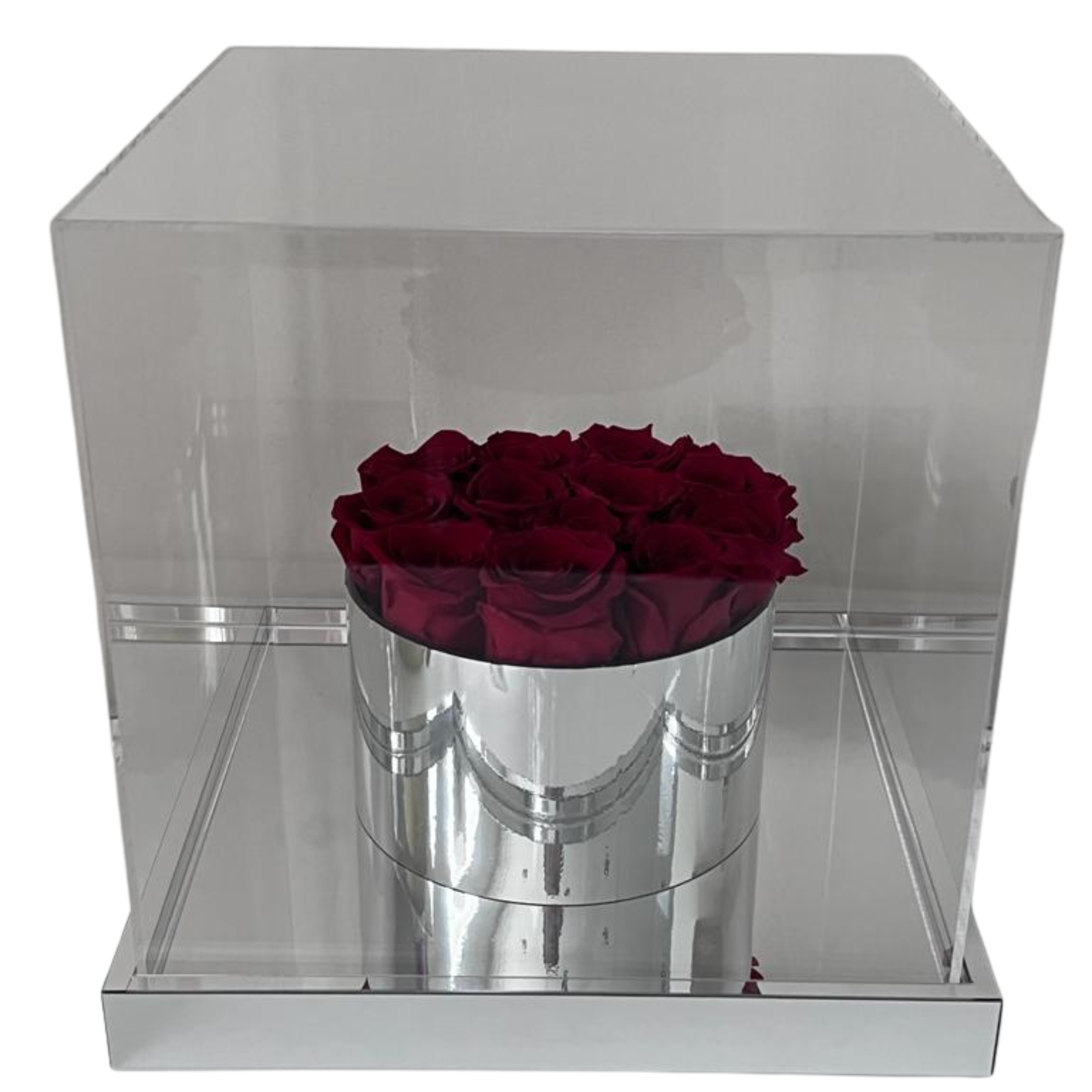 Ewige Liebe - Silver Rose Box in Chrom-Vase - 8 bis 10 stabilisierten Rosen