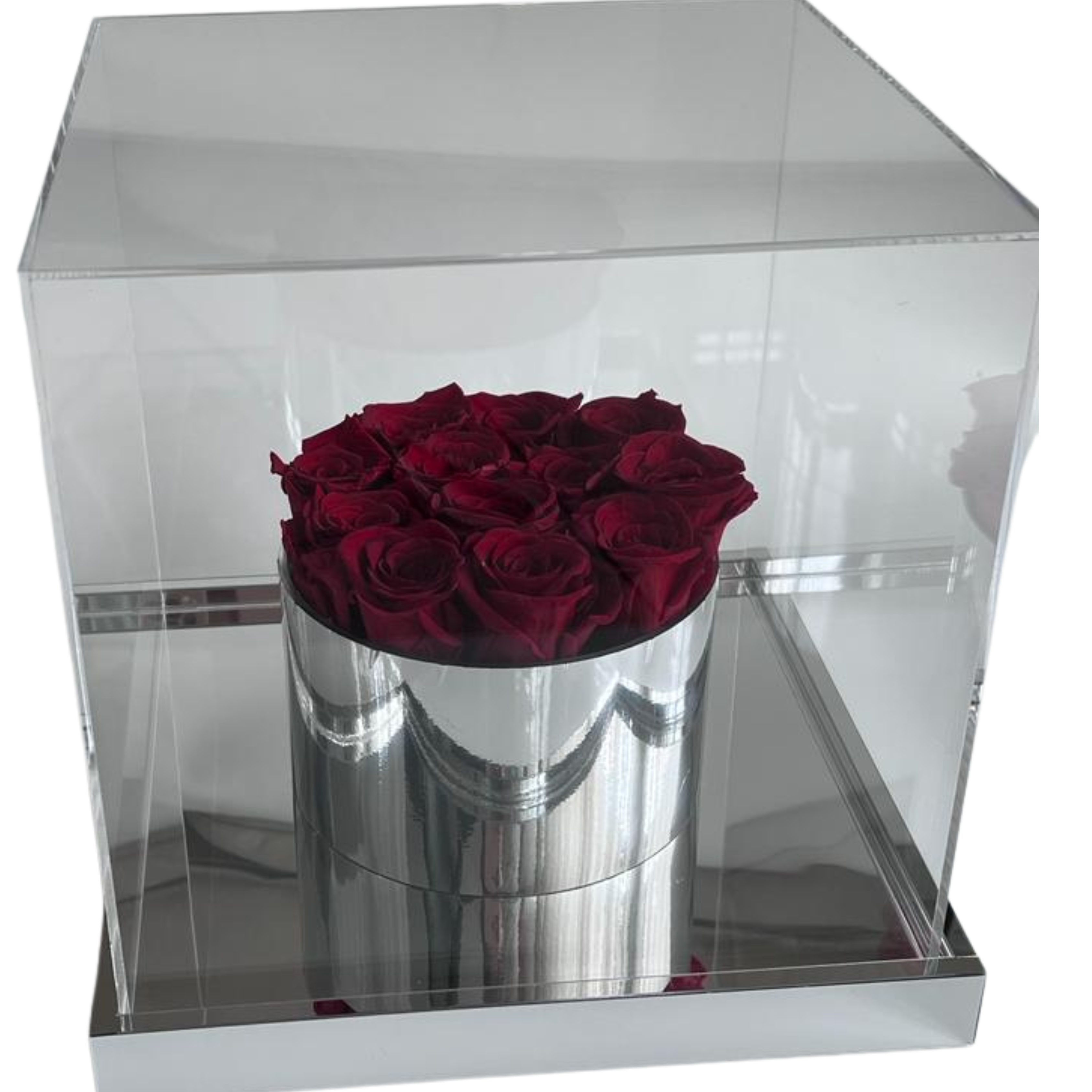 Ewige Liebe - Silver Rose Box in Chrom-Vase - 8 bis 10 stabilisierten Rosen